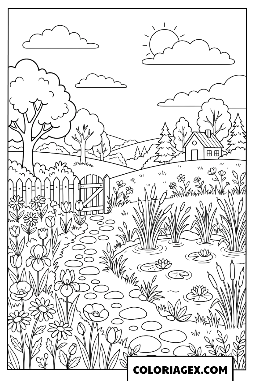 Coloriage Paysage de jardin printanier
