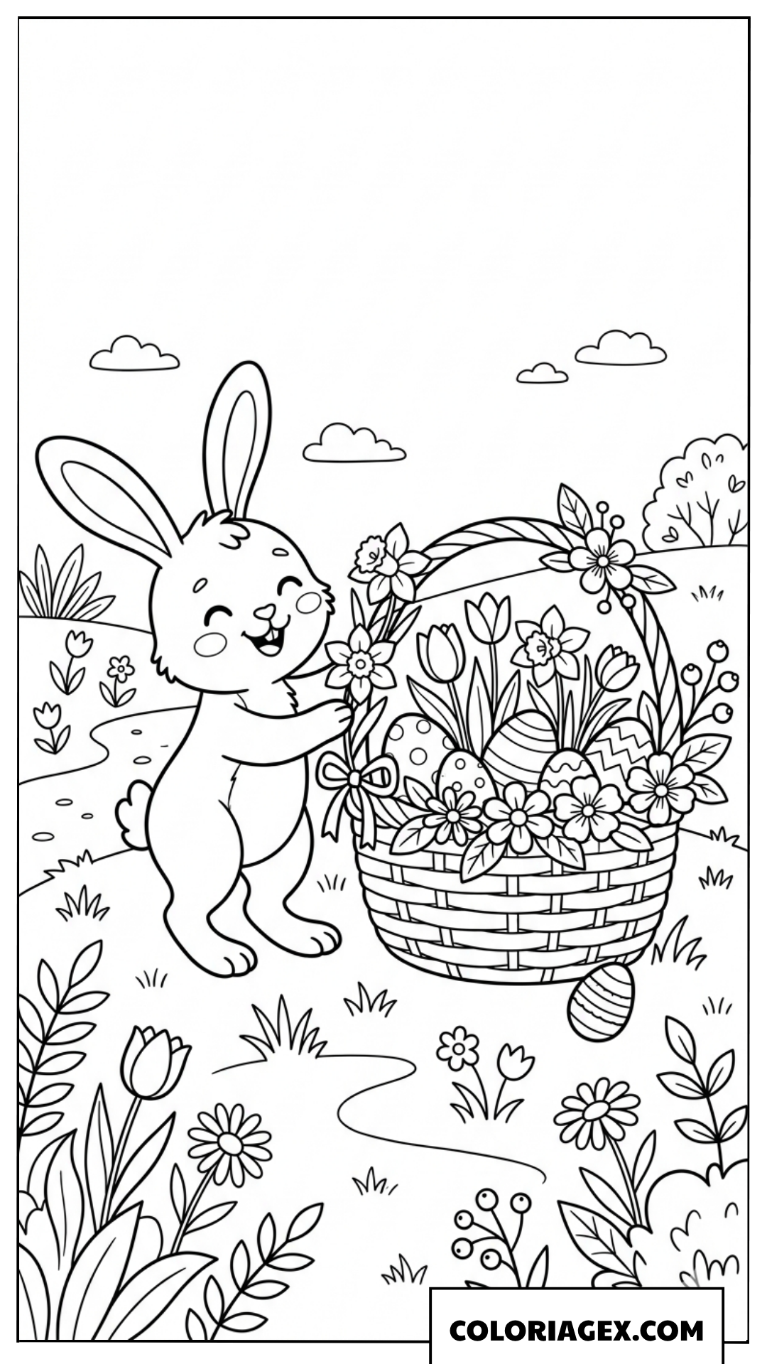 Coloriage Petit lapin et panier d’œufs