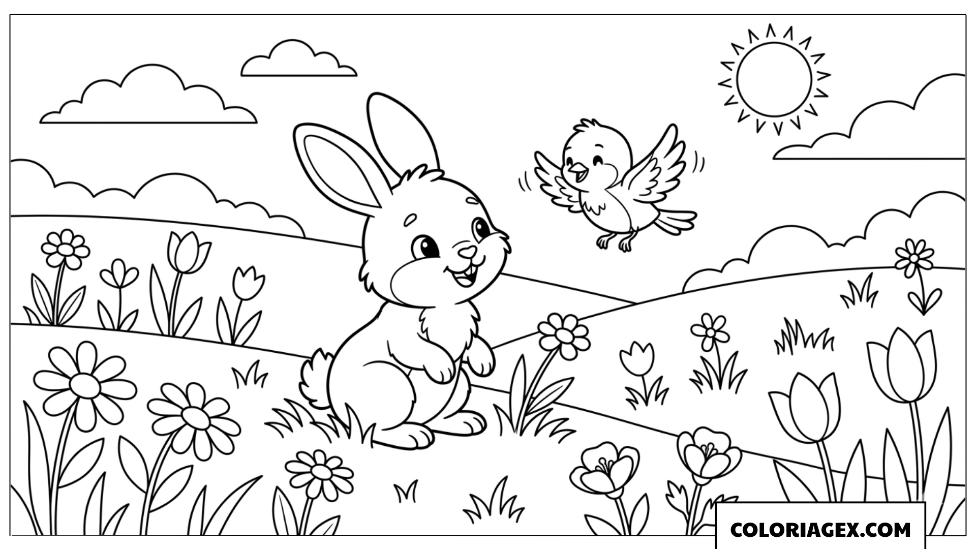 Coloriage Petit lapin et petit oiseau