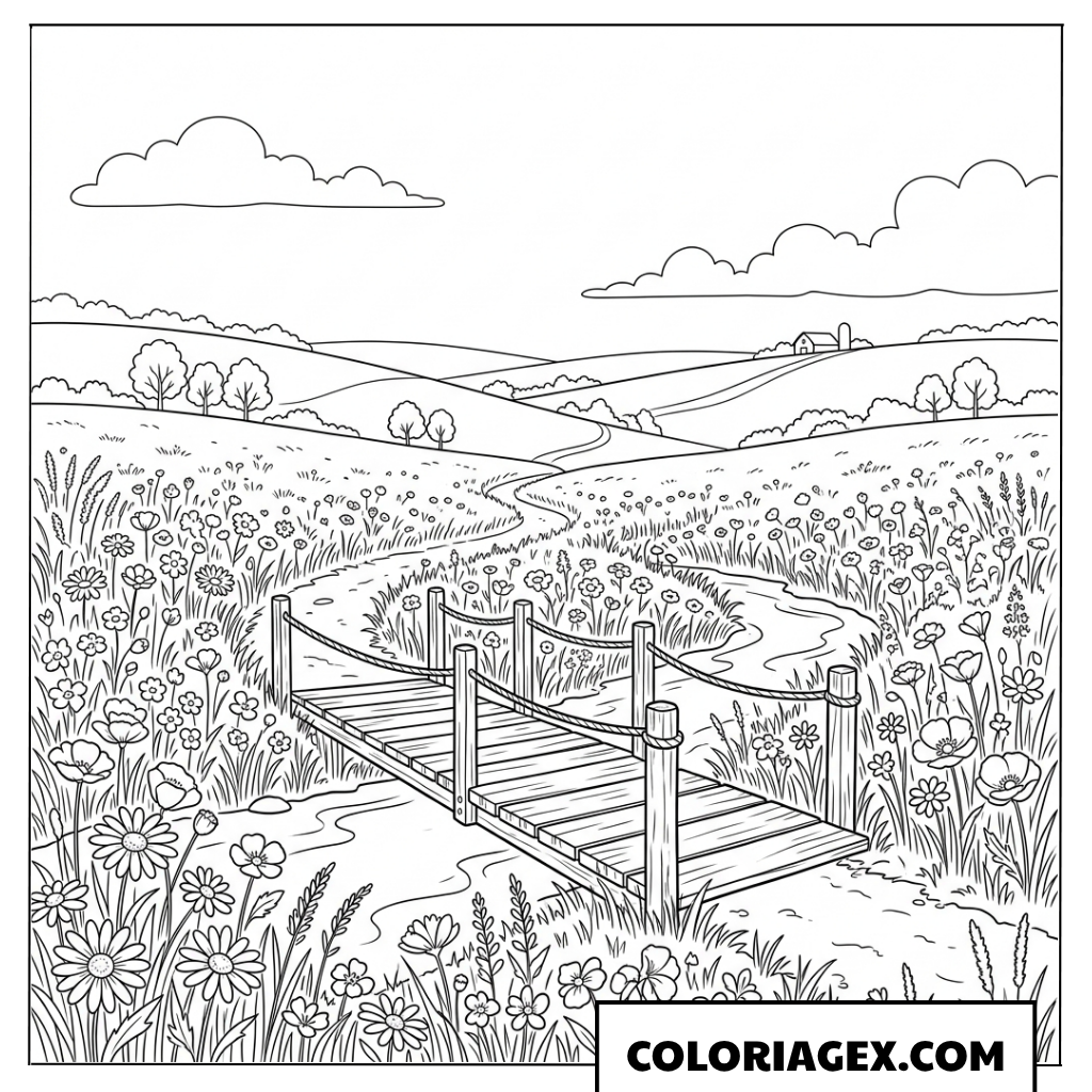 Coloriage Pont en bois sur la colline fleurie