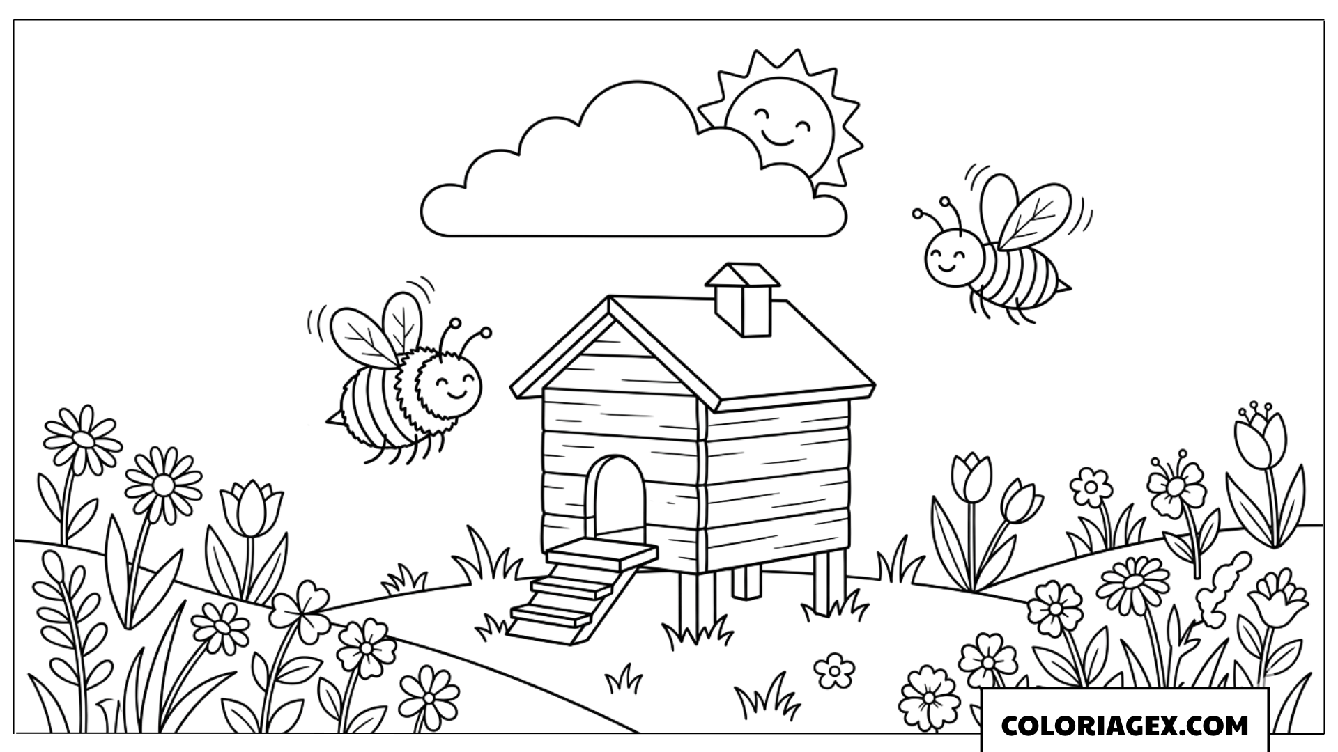 Coloriage Ruche et abeilles