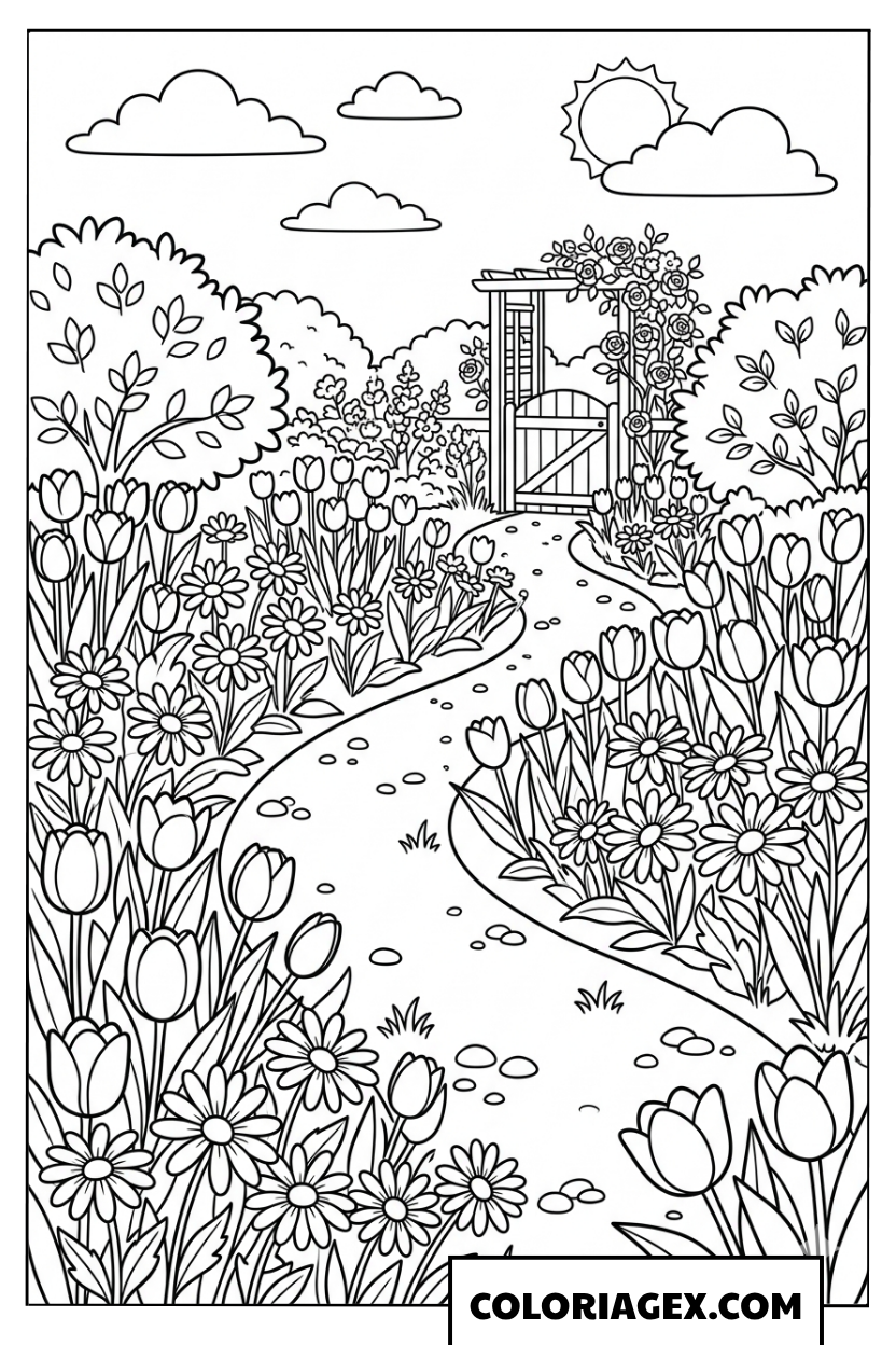 Coloriage Sentier au milieu du jardin fleuri