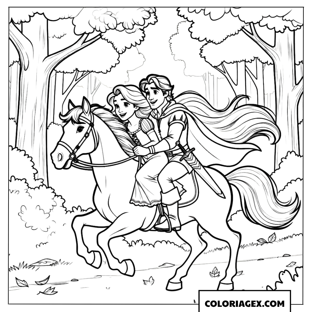 oloriage Raiponce et Flynn chevauchant Maximus