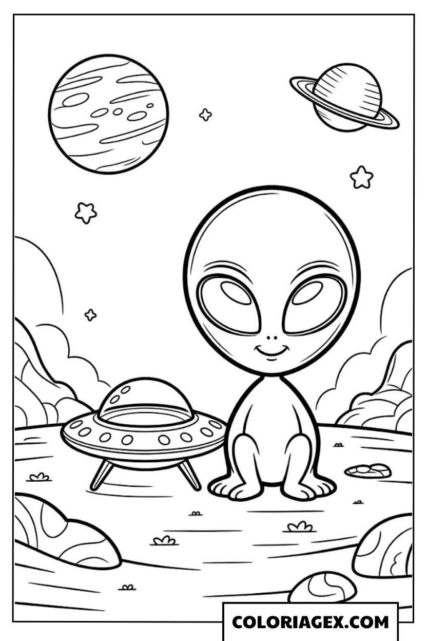 Alien avec soucoupe volante coloriage