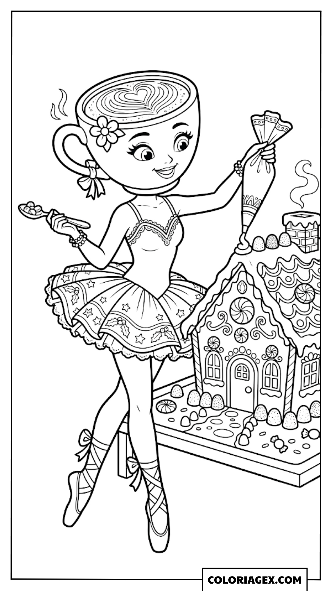 Ballerina Cappuccina devant la maison en pain d’épice coloriage