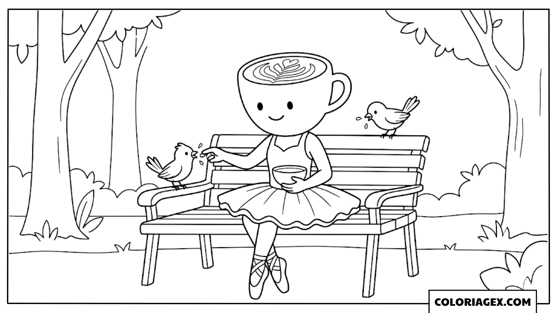 Ballerina Cappuccina sur le banc avec oiseaux coloriage