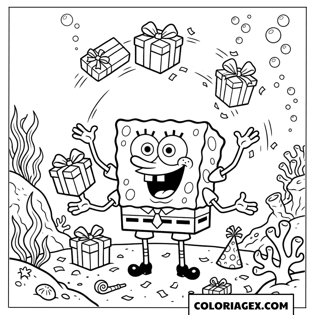 Bob l’éponge avec des cadeaux qui flottent à colorier