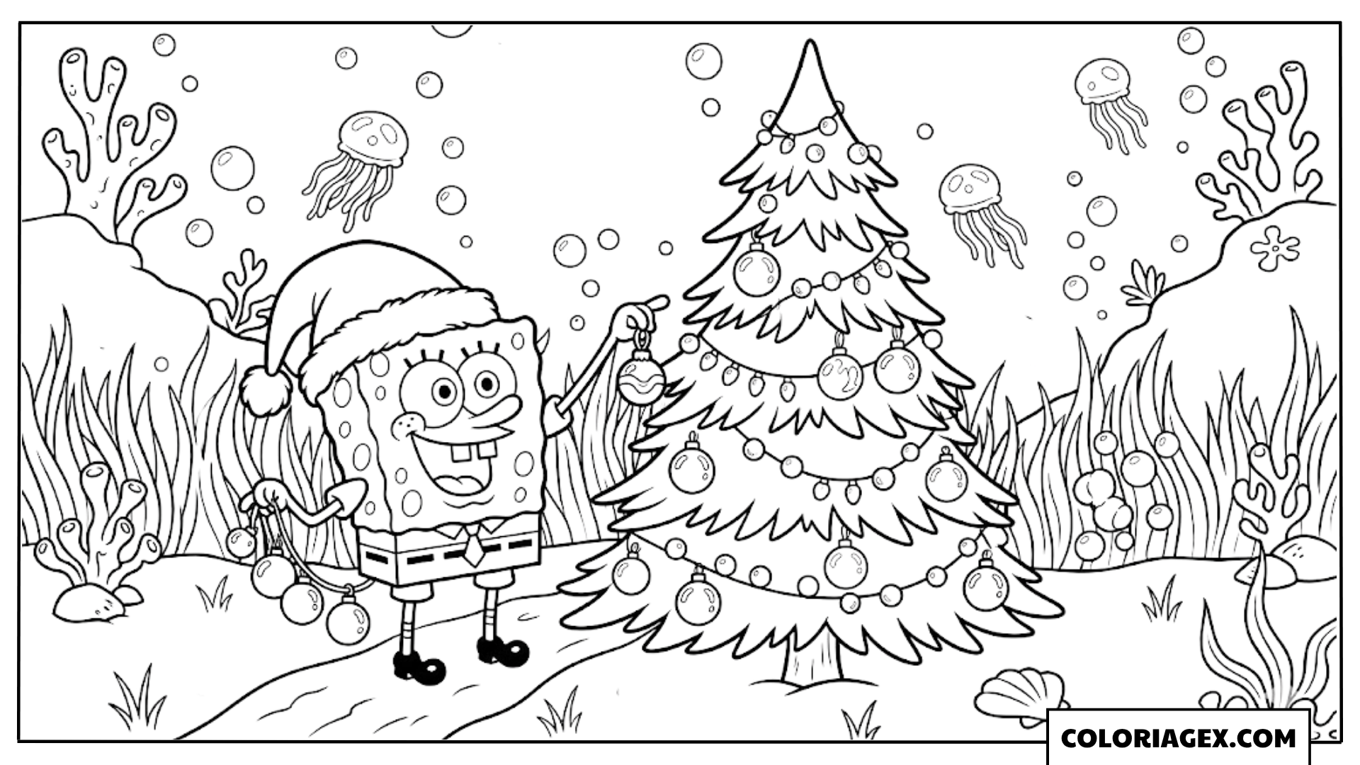 Bob l’éponge avec le sapin de Noël sous-marin à colorier