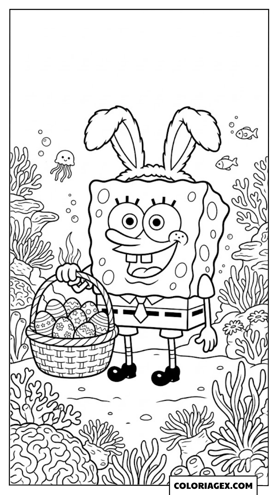 Bob l’éponge avec oreilles de lapin et panier à colorier