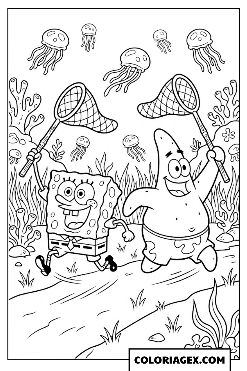 Bob l’éponge et Patrick attrapent des méduses à colorier