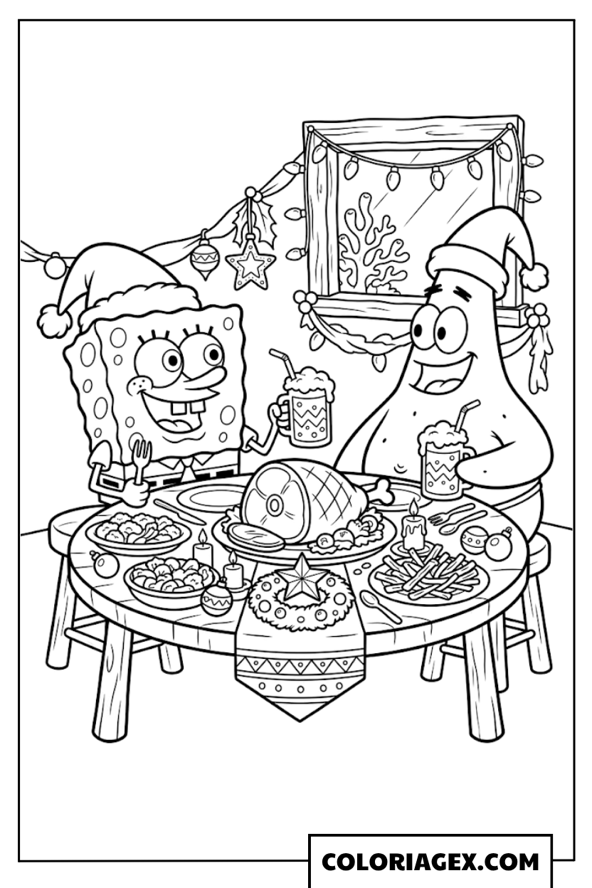 Bob l’éponge et Patrick au repas de Noël à colorier