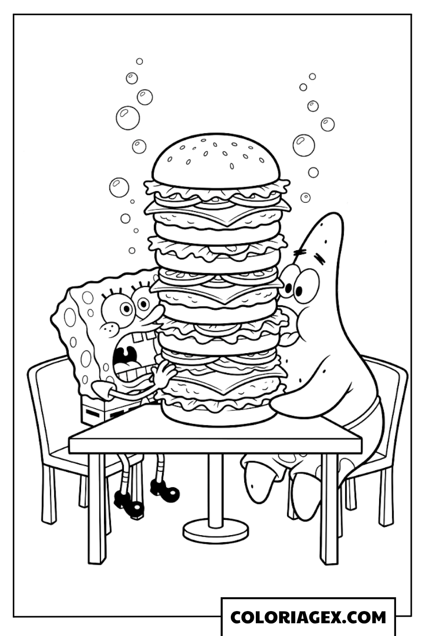 Bob l’éponge et Patrick avec le Krabby Patty géant à colorier