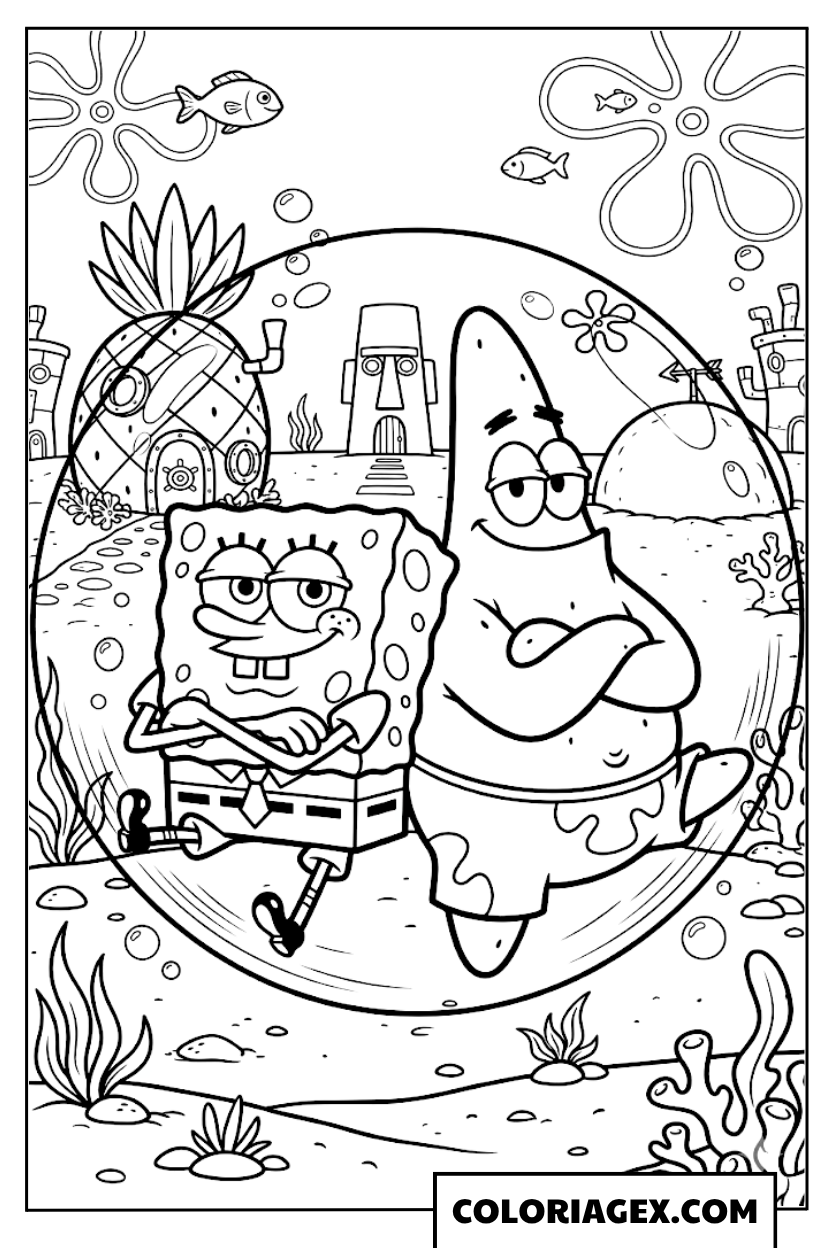 Bob l’éponge et Patrick avec vue de Bikini Bottom à colorier