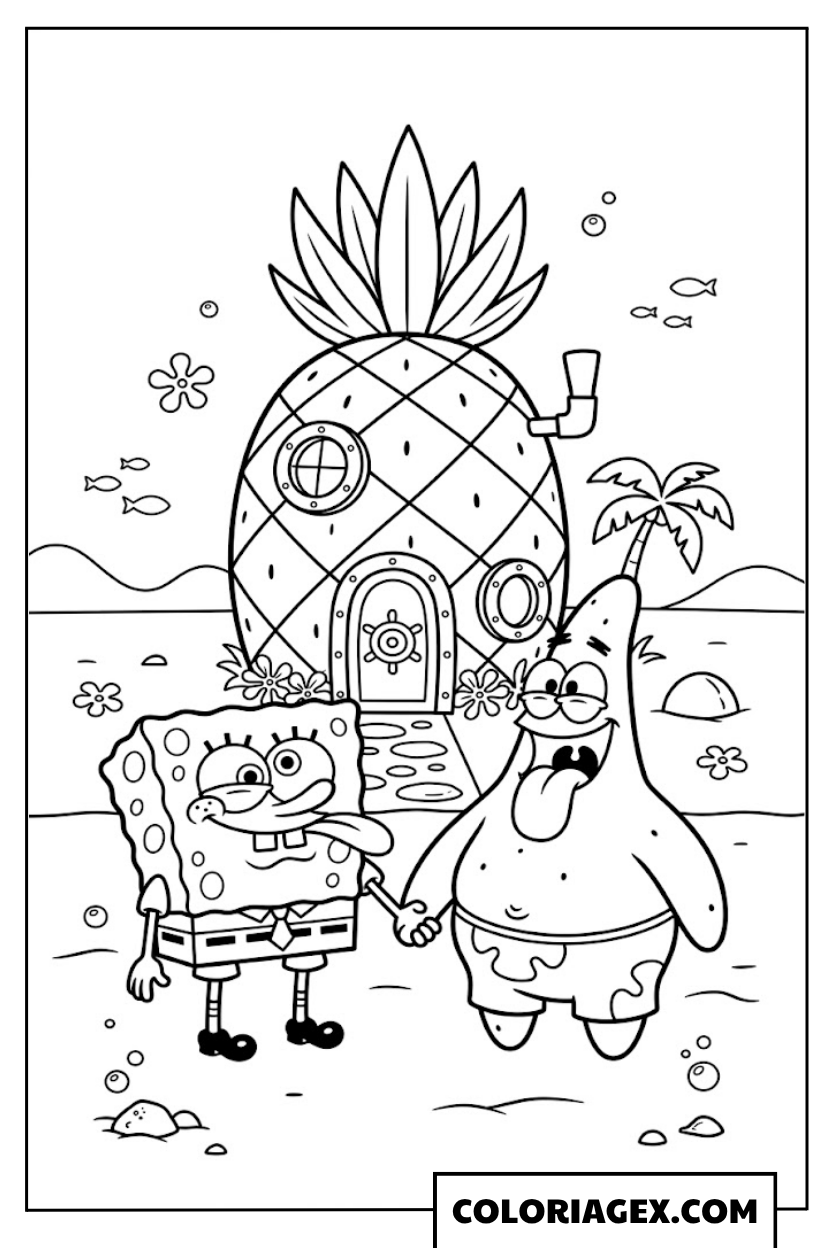 Bob l’éponge et Patrick devant la Maison Ananas à colorier