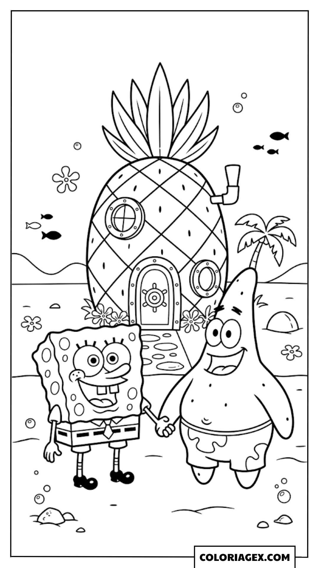 Bob l’éponge et Patrick devant la Maison Ananas à colorier