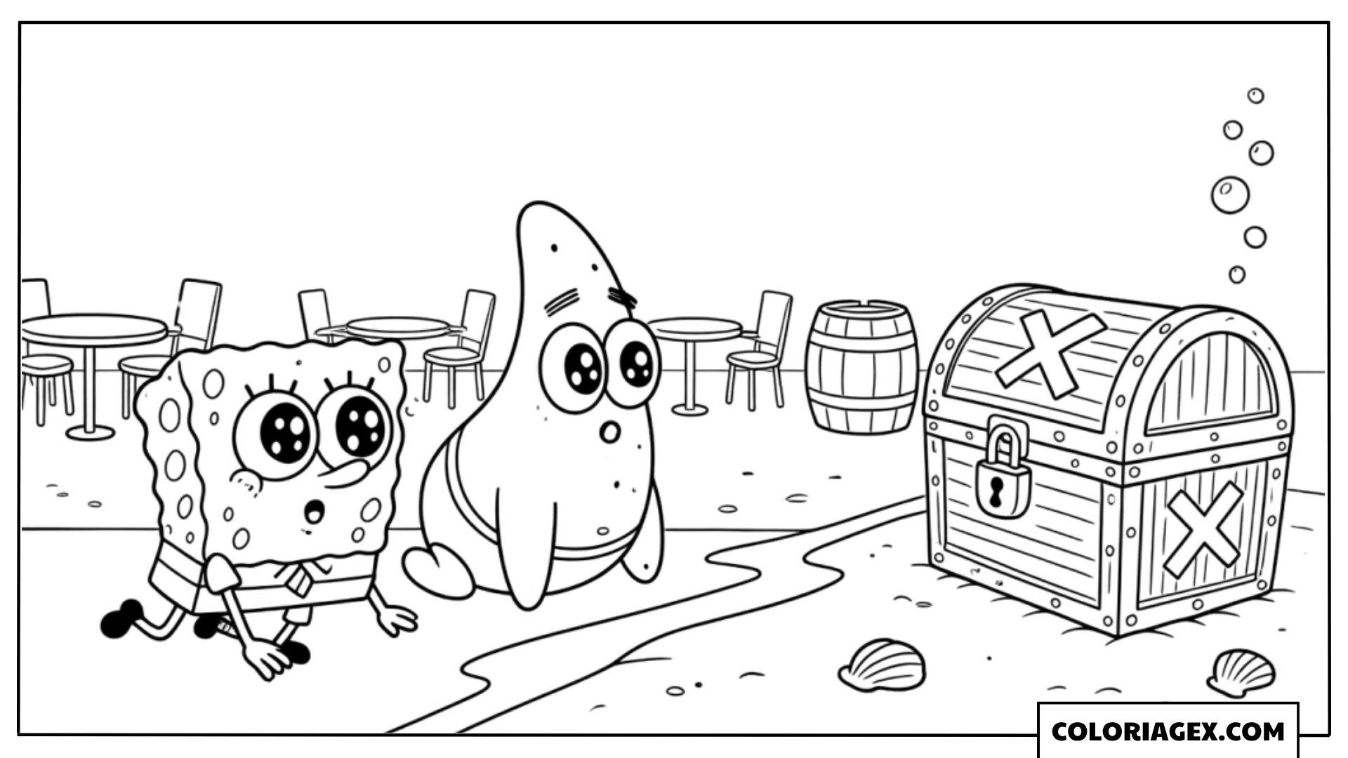Bob l’éponge et Patrick devant le coffre au trésor à colorier