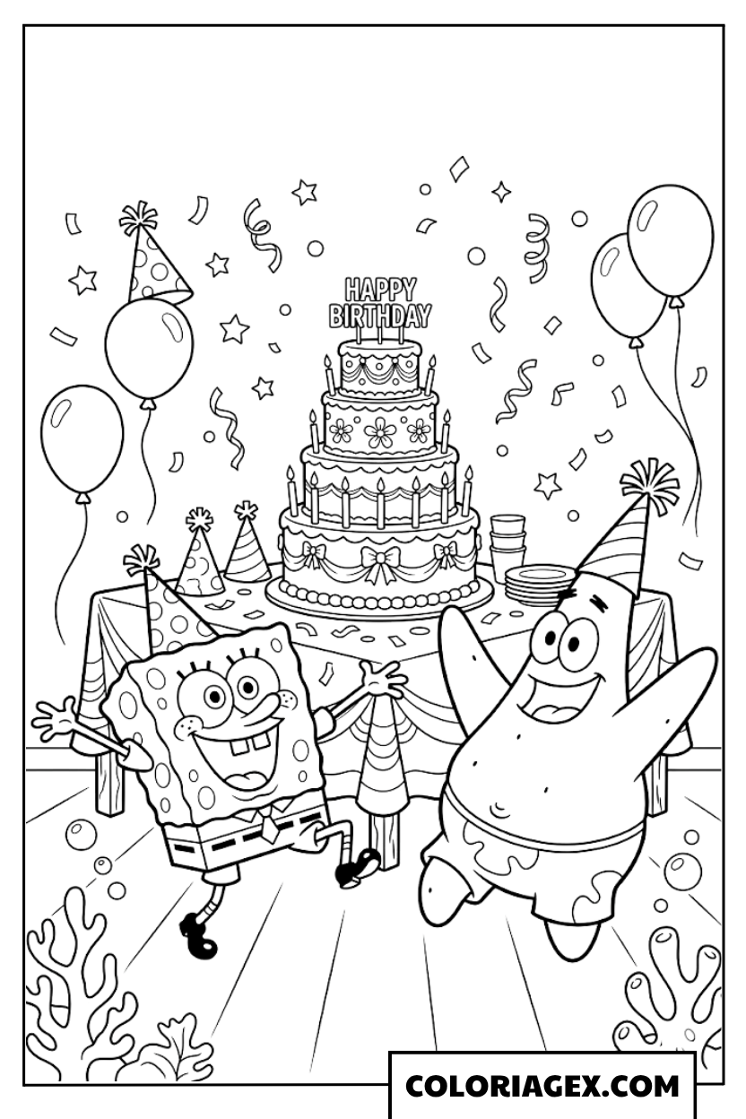 Bob l’éponge et Patrick devant le gâteau d’anniversaire géant à colorier