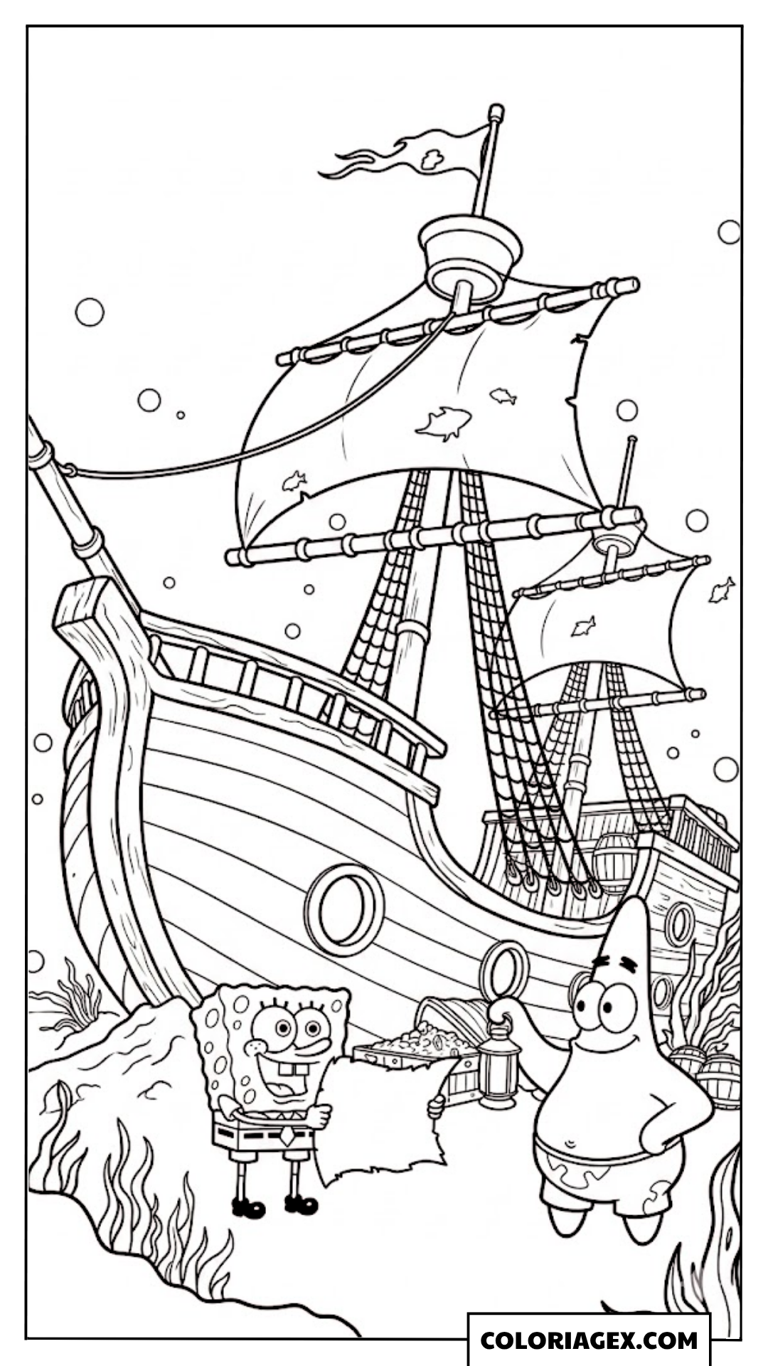 Bob l’éponge et Patrick devant l’épave de bateau à colorier