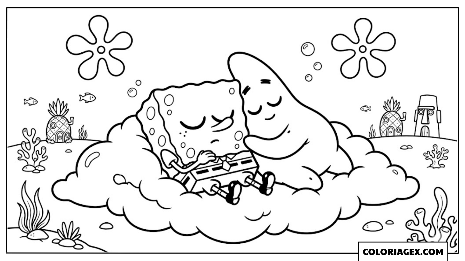 Bob l’éponge et Patrick dorment sur un nuage à colorier