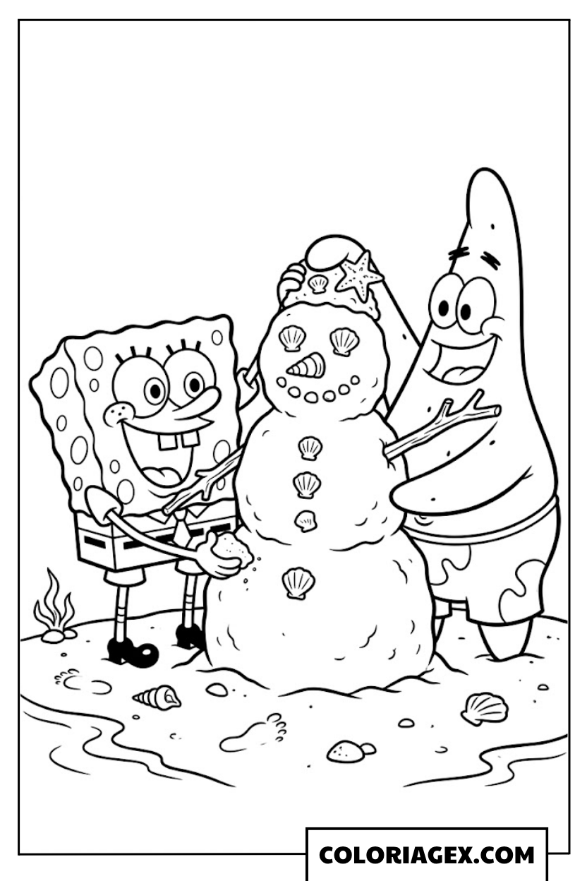 Bob l’éponge et Patrick font un bonhomme de neige à colorier