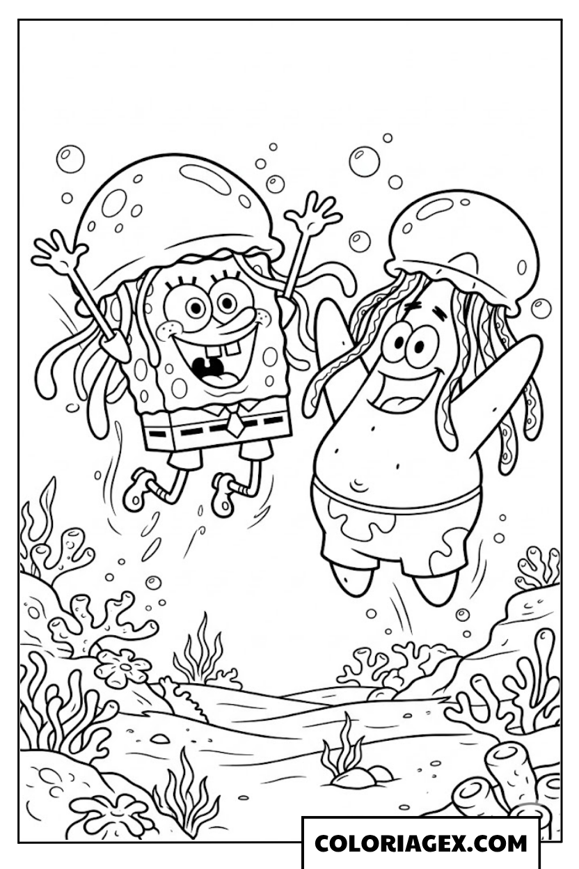 Bob l’éponge et Patrick portent des méduses sur la tête à colorier