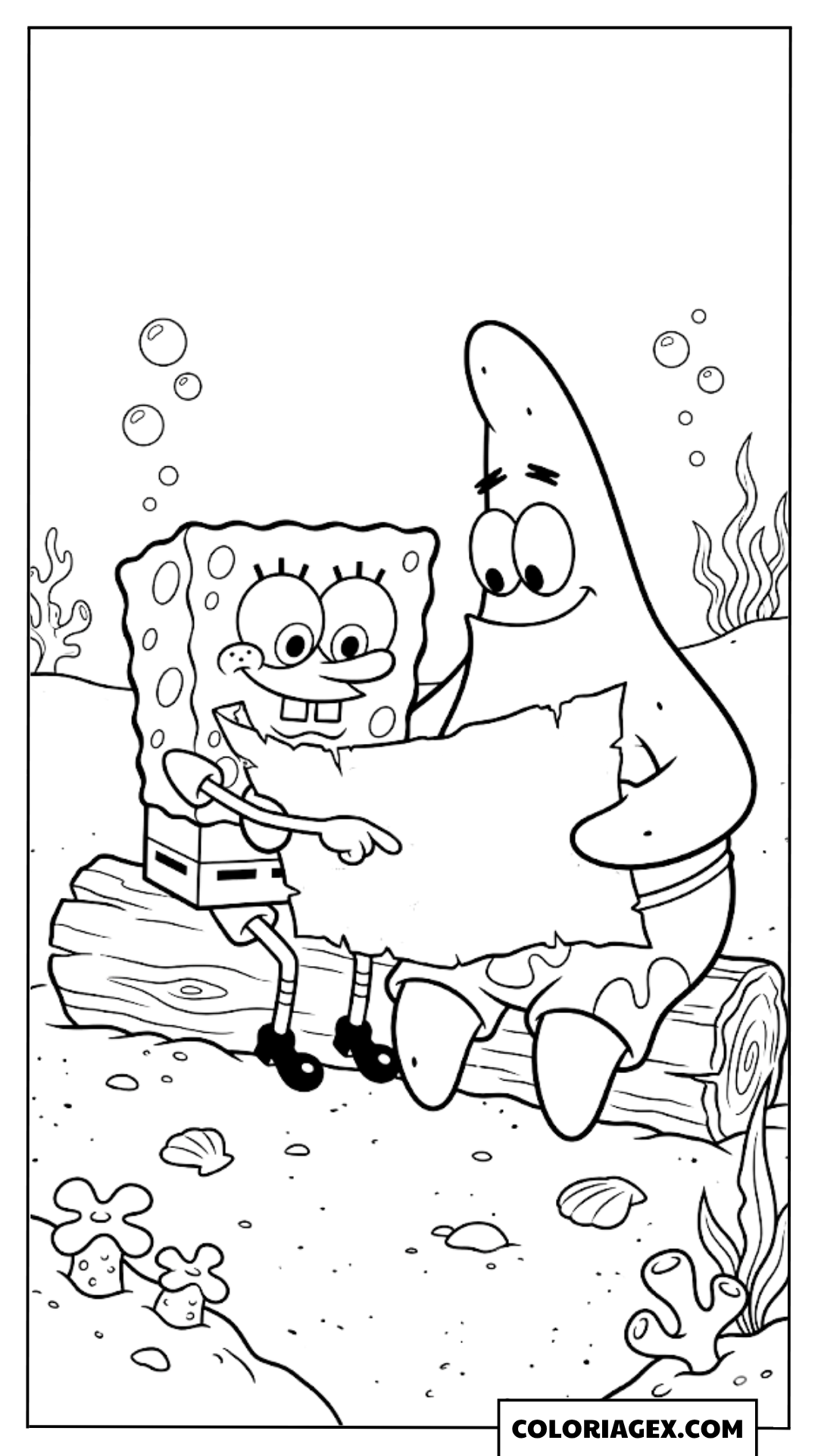 Bob l’éponge et Patrick sur un tronc d’arbre à colorier