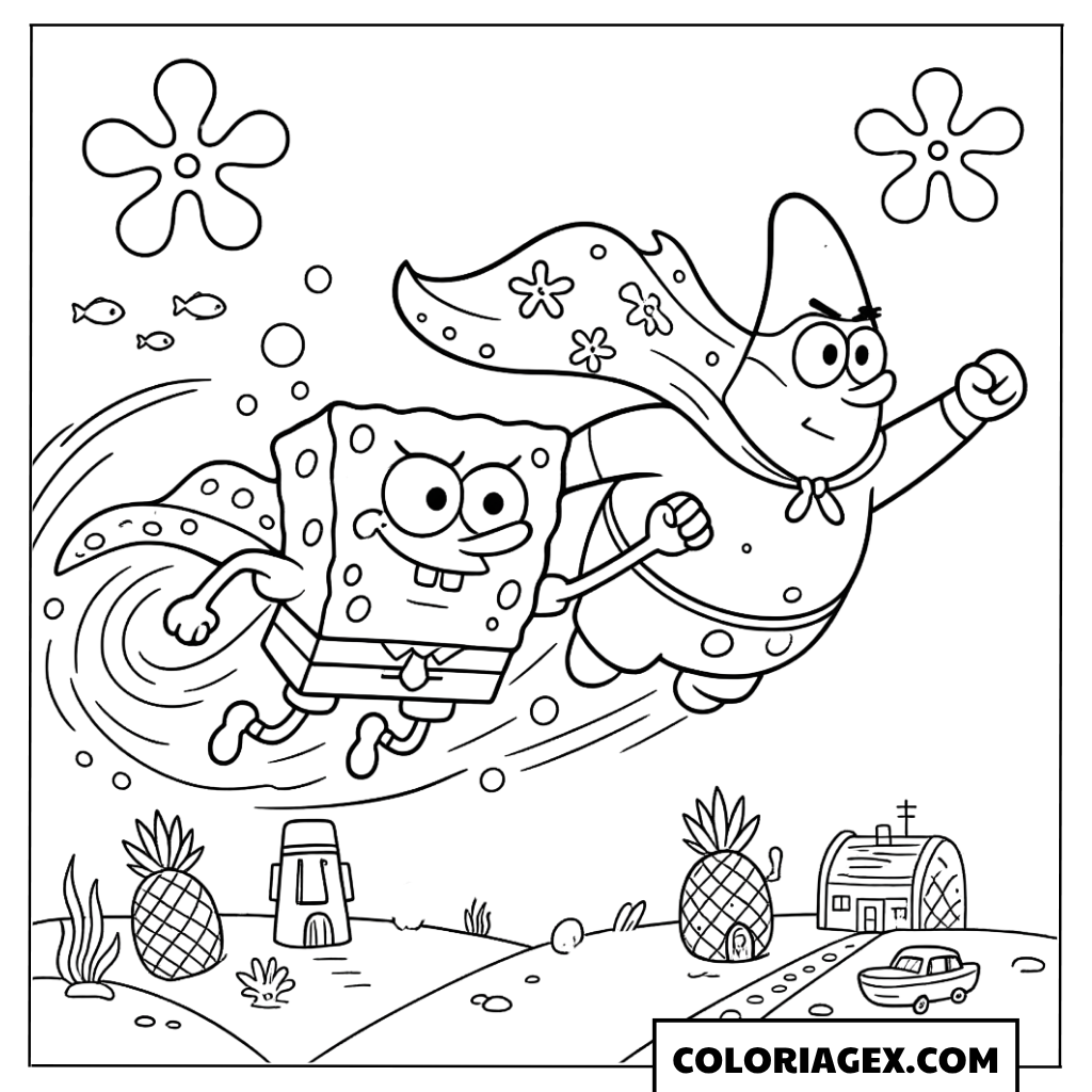 Bob l’éponge et Patrick volent comme des super-héros à colorier
