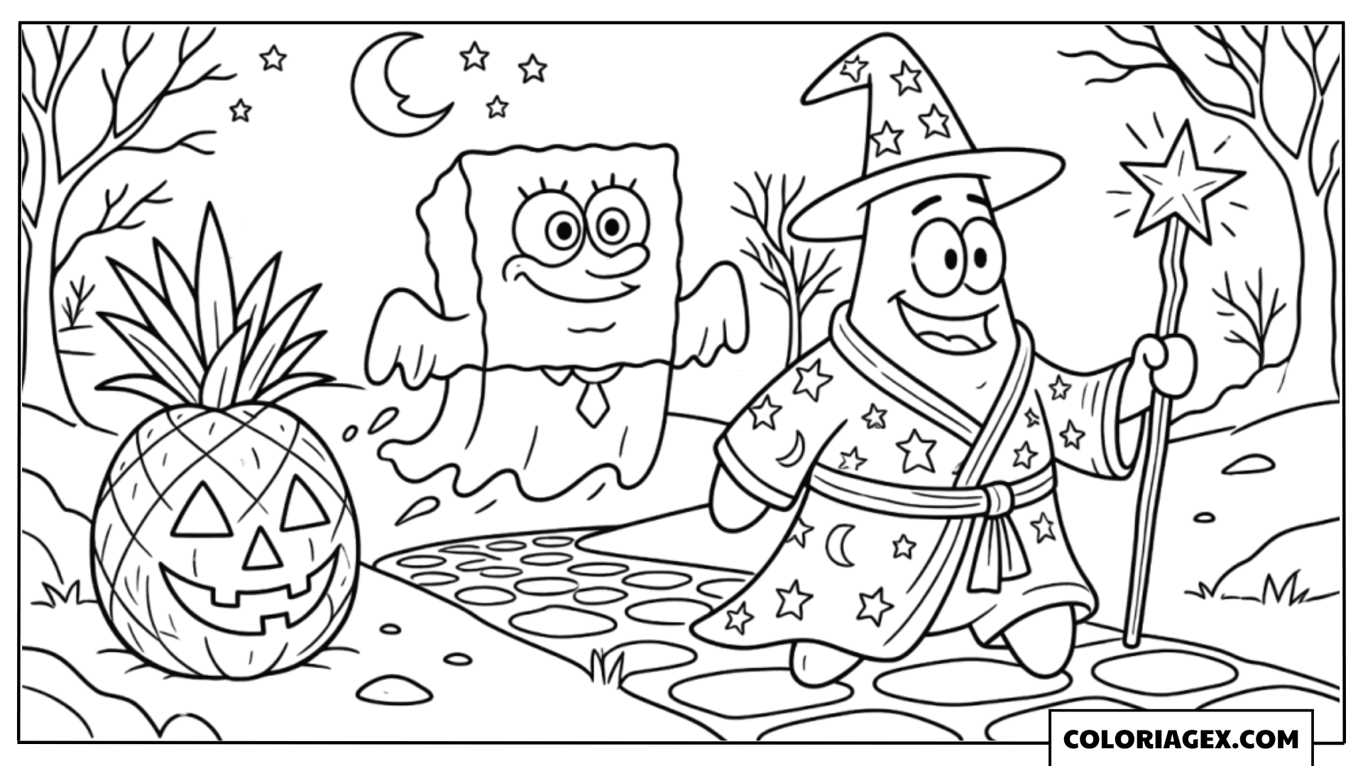 Bob l’éponge magicien et Patrick fantôme à colorier