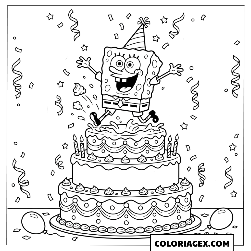 Bob l’éponge saute du gâteau d’anniversaire à colorier