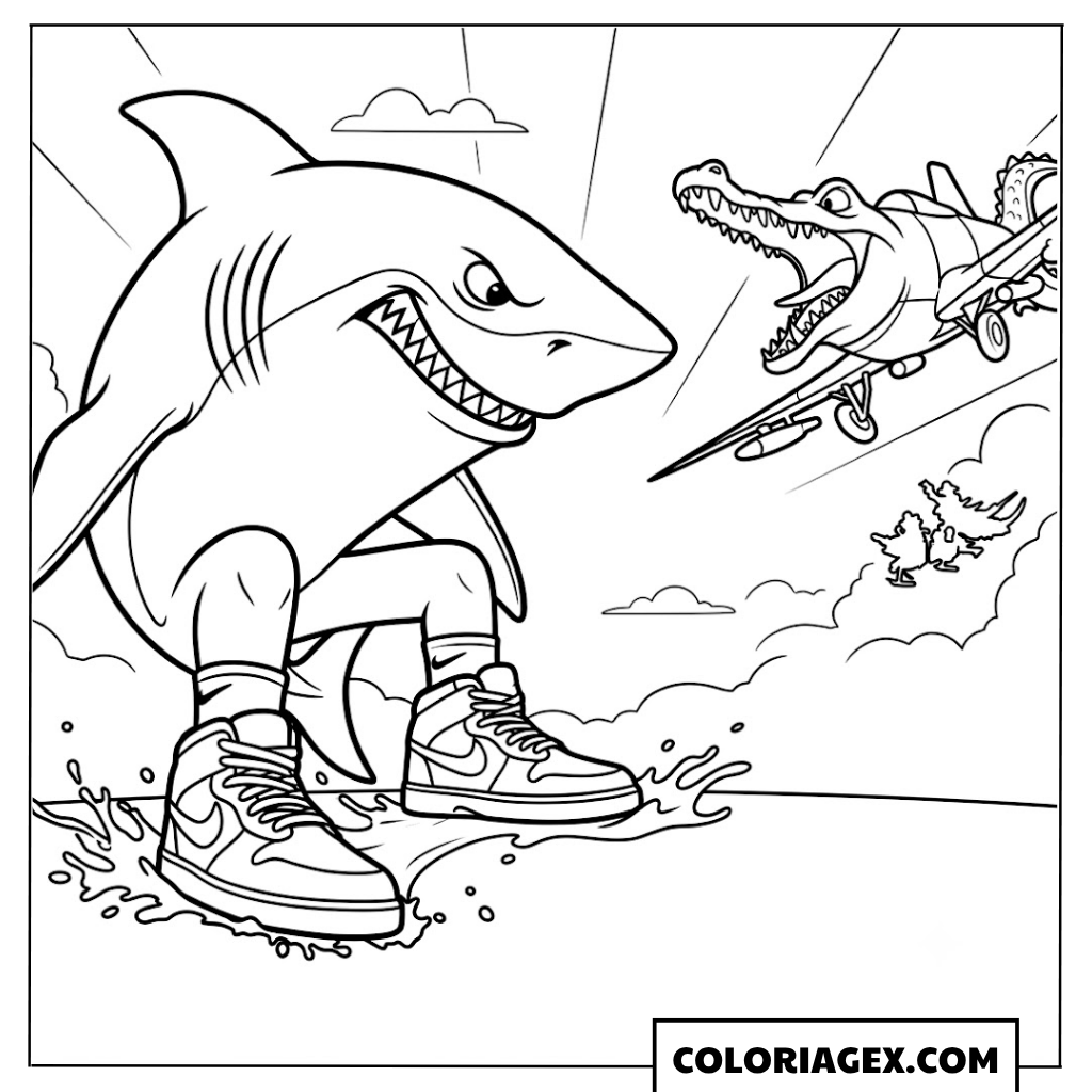 Bombardiro Crocodilo et requin sur la plage coloriage