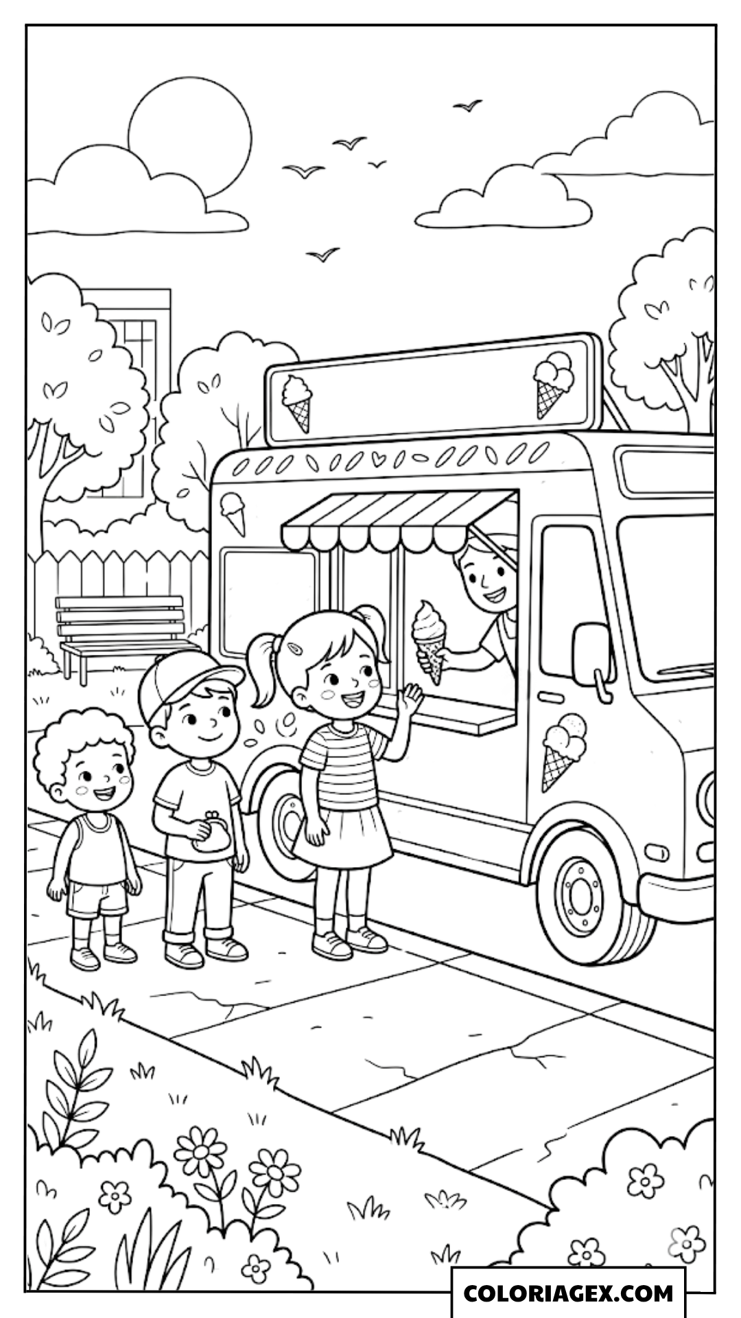 Camion de glace et enfants coloriage