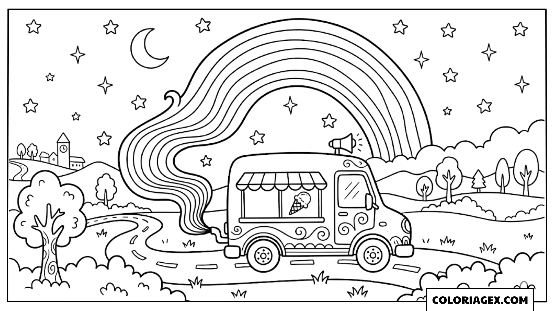 Camion de glace sous l'arc-en-ciel coloriage