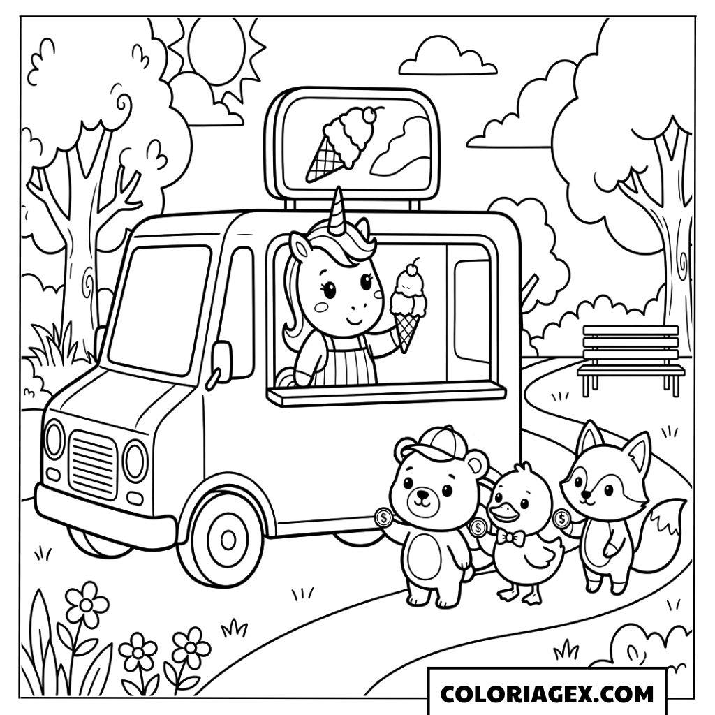 Camion de glaces avec amis coloriage
