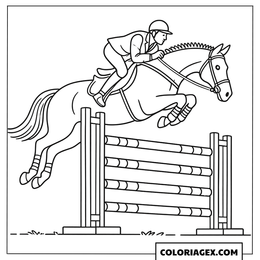 Cavalier saute un grand obstacle à colorier