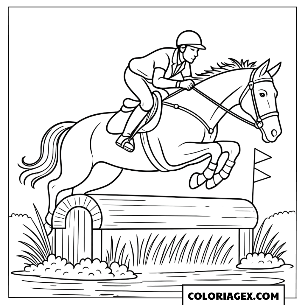 Cavalier saute un obstacle à colorier