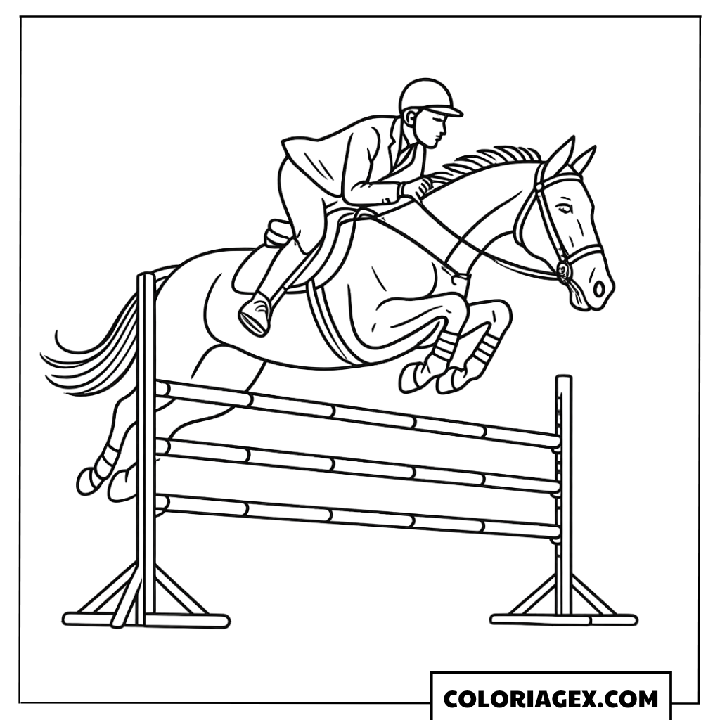 Cavalier saute un obstacle à colorier