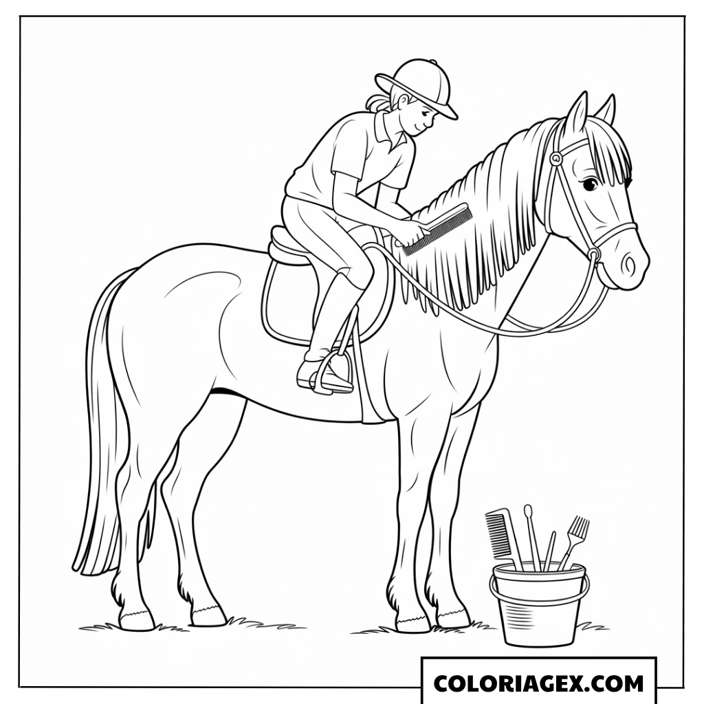 Cavalière brosse son cheval à colorier