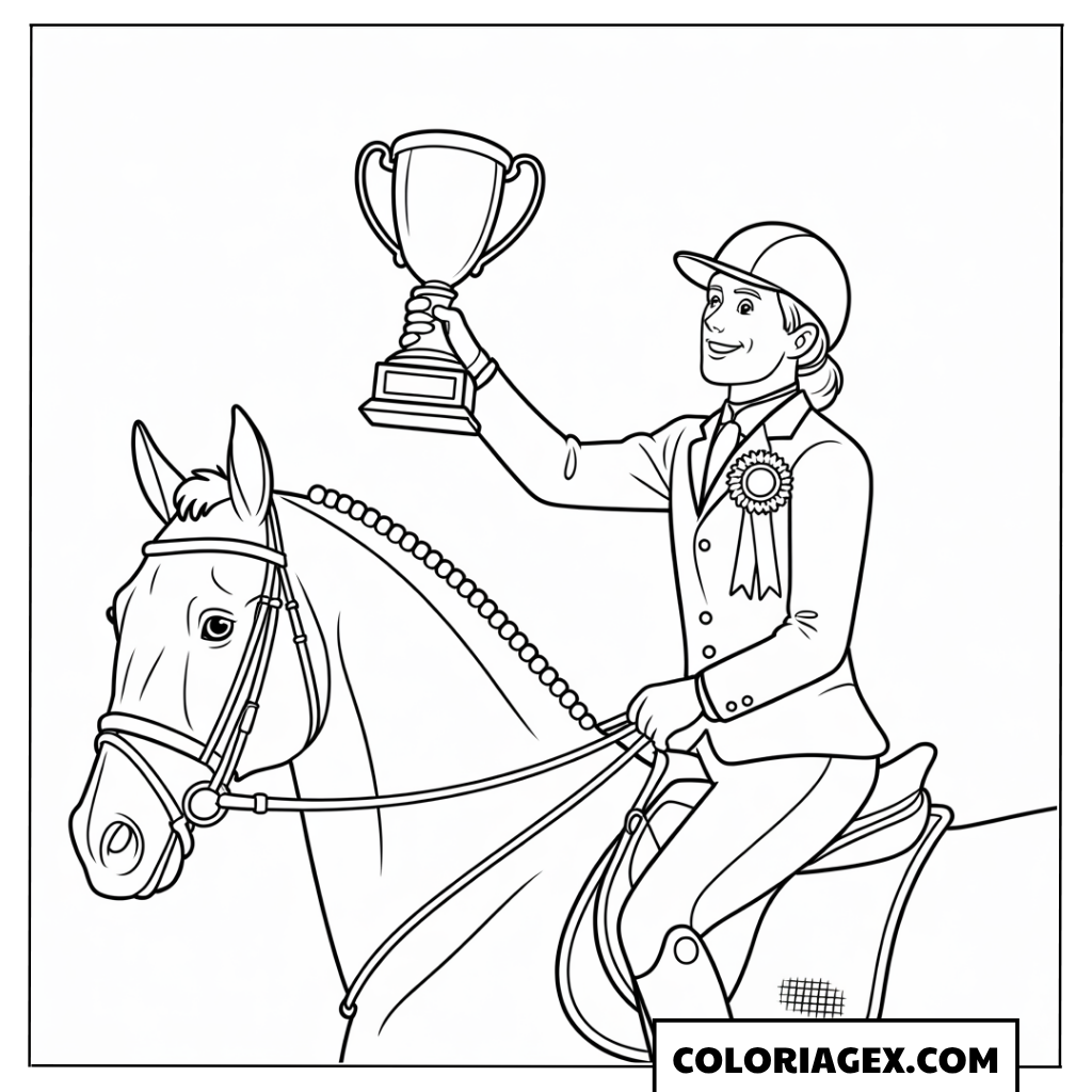 Cavalière victorieuse avec trophée à colorier