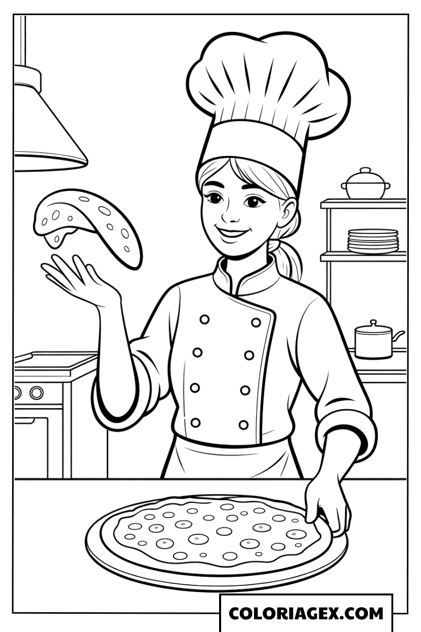 Cheffe cuisinière avec pizza coloriage