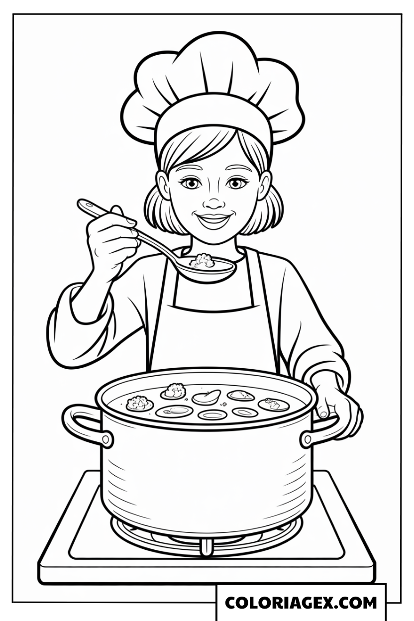 Cheffe en train de cuisiner coloriage