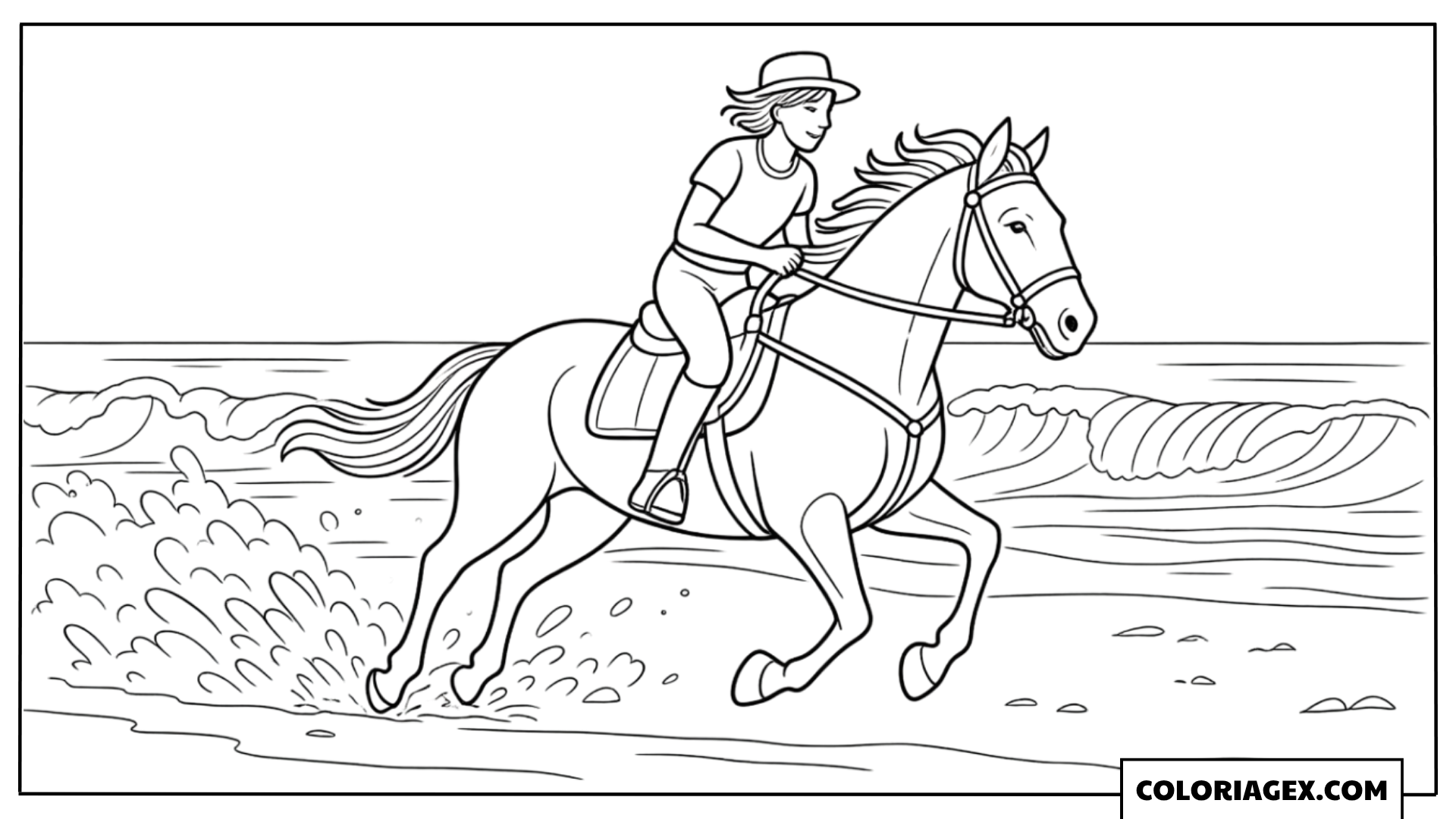 Cheval et cavalière sur la plage à colorier