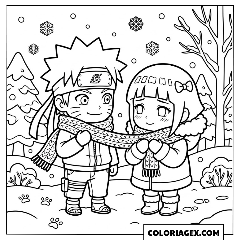 Chibi Naruto et Hinata en hiver à colorier