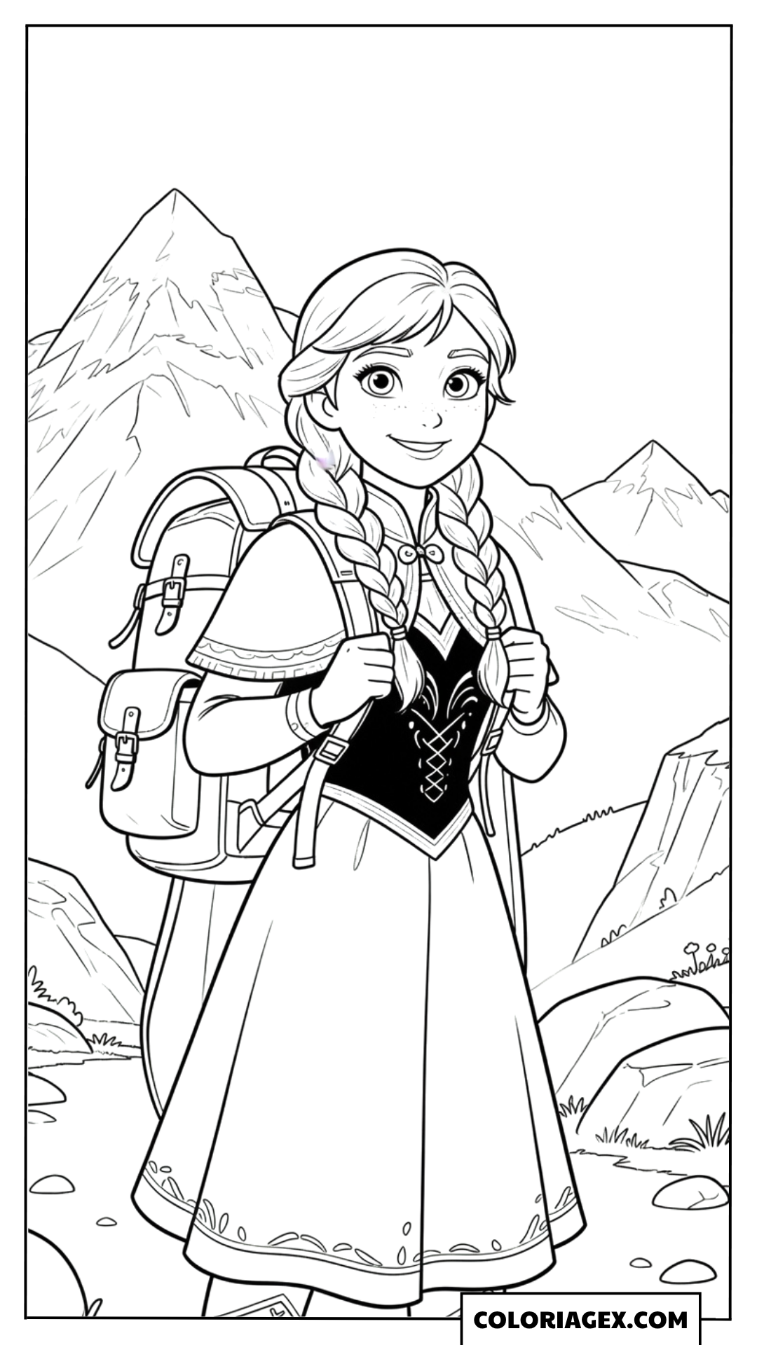 Coloriage Anna avec son sac à dos d’exploration