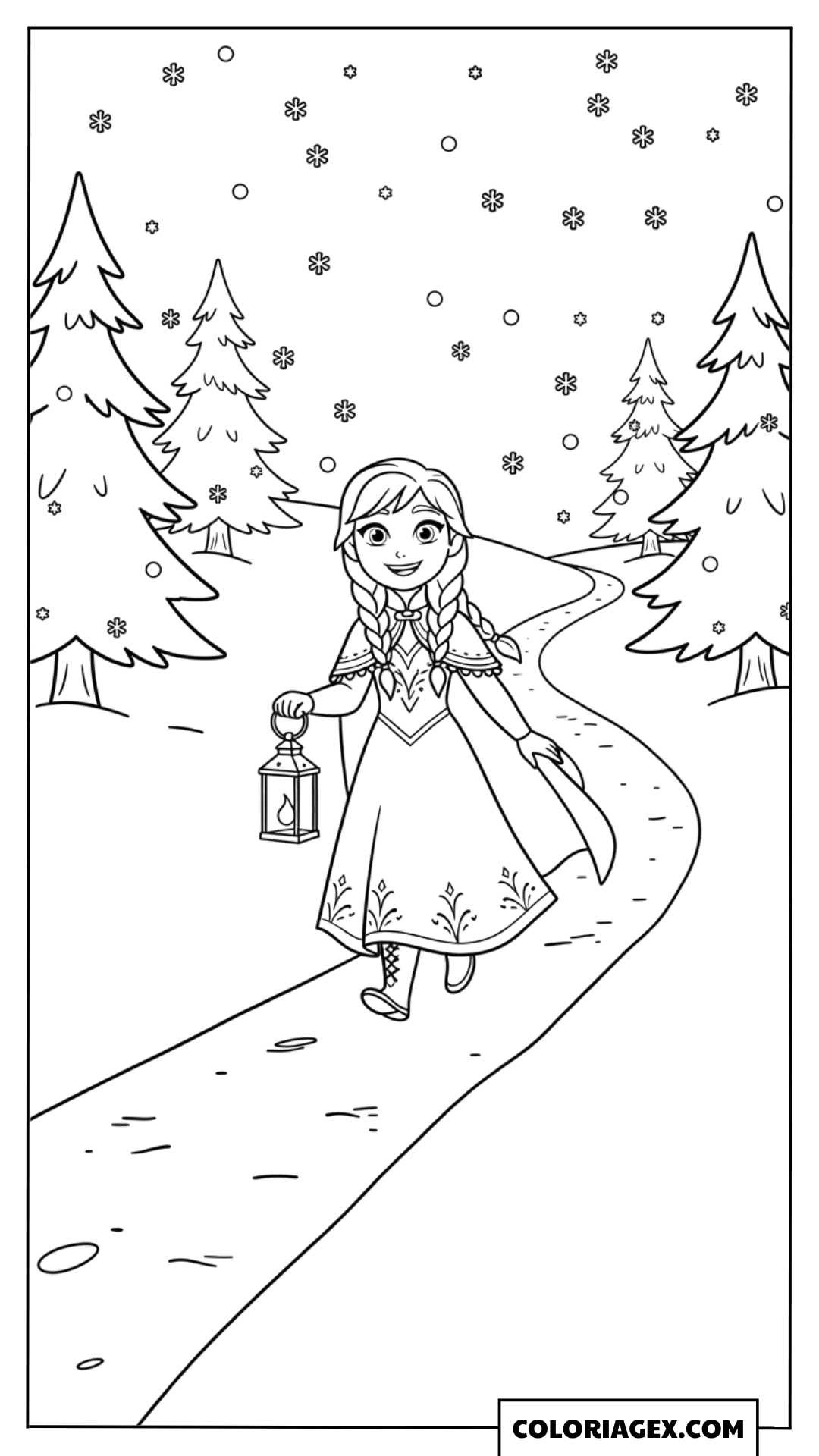 Coloriage Anna marche dans la forêt hivernale