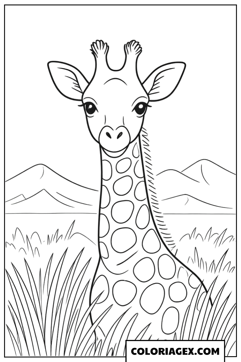 Coloriage Bébé girafe debout dans la savane