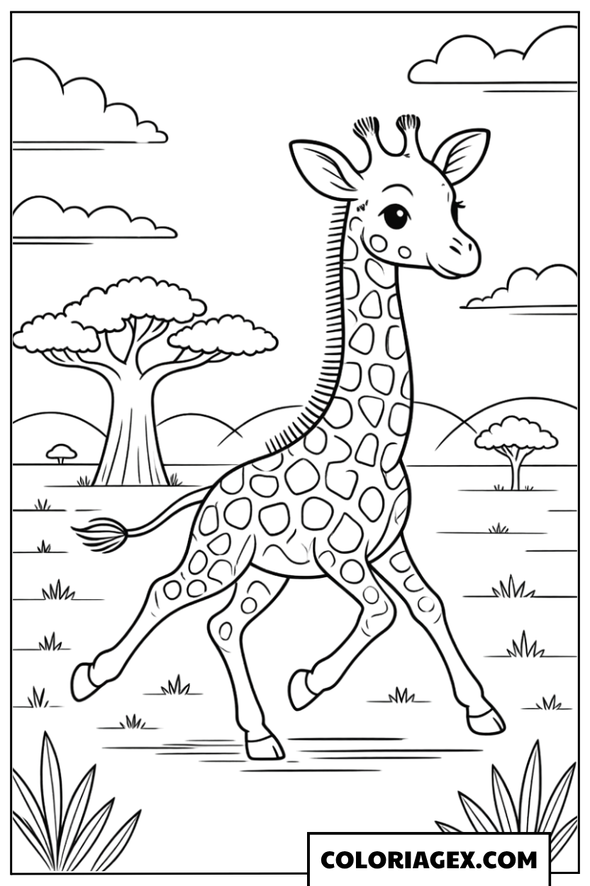 Coloriage Bébé girafe marchant dans la savane