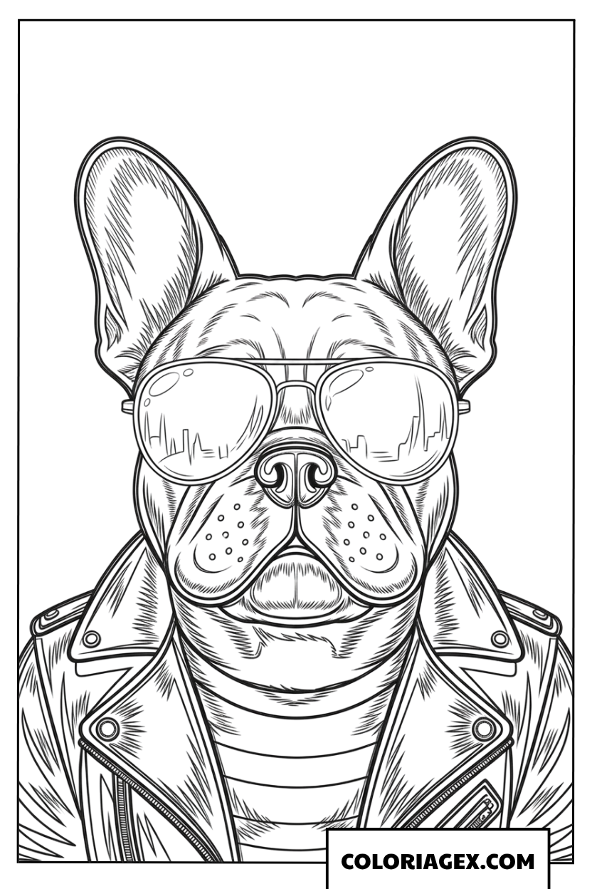 Coloriage Bouledogue Francais avec veste en cuir et lunettes