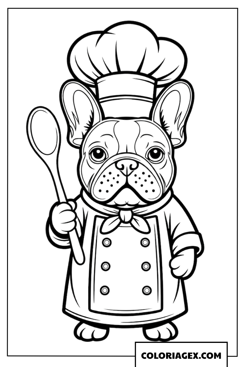 Coloriage Bouledogue Francais chef cuisinier avec toque et cuillere
