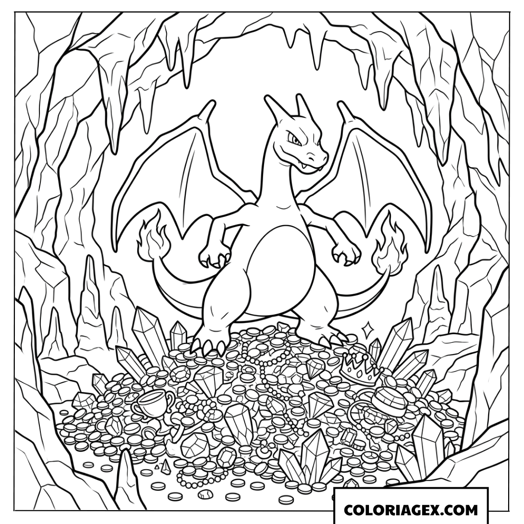 Coloriage Charizard dans une grotte remplie de trésors