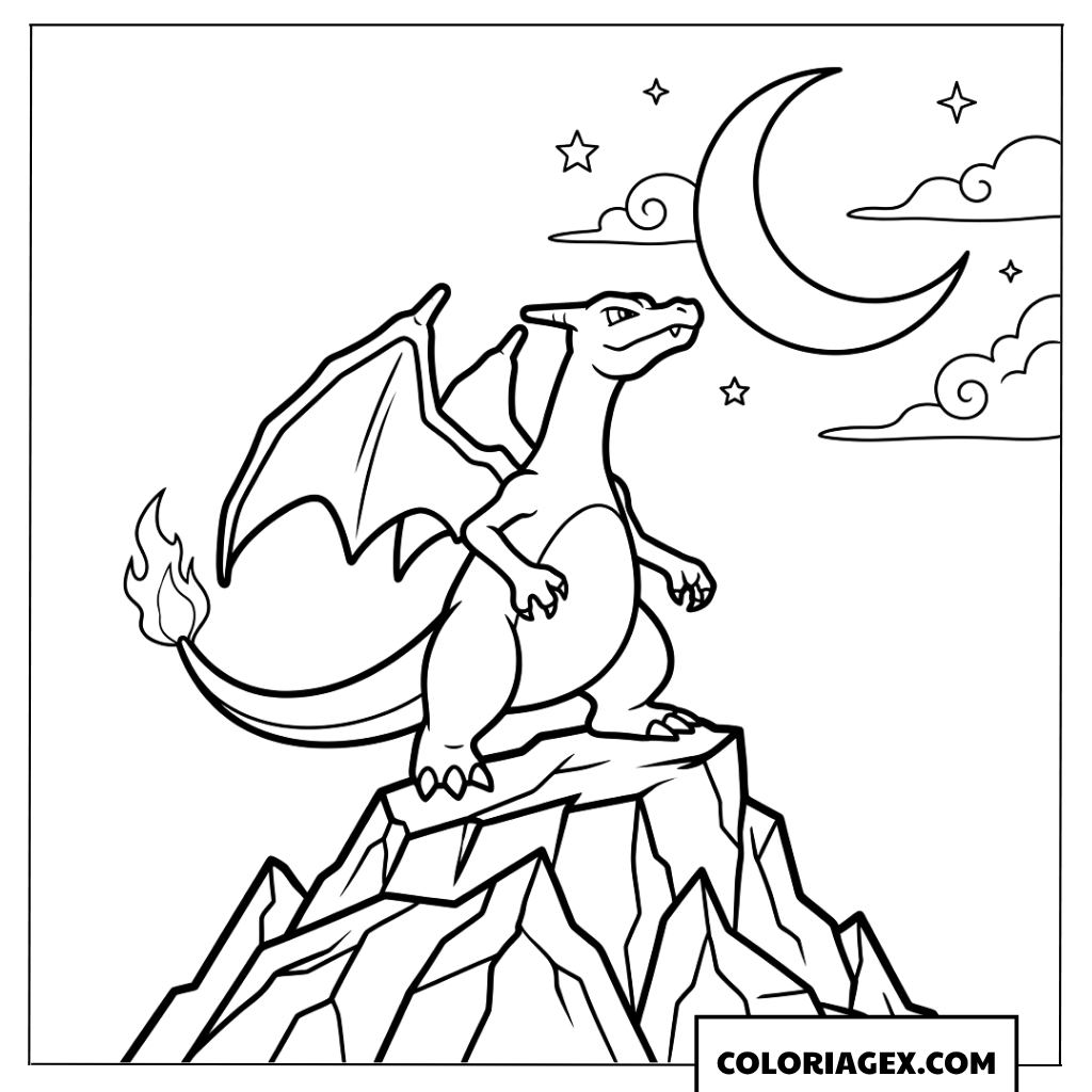 Coloriage Charizard sur un sommet de montagne sous la lune